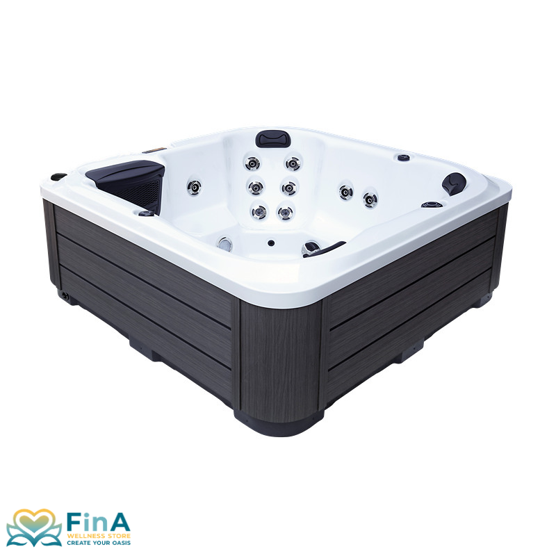 Side view of the Platinum Spas Reims outdoor whirlpool - harmonious combination of acrylic tub and wood-look cladding.